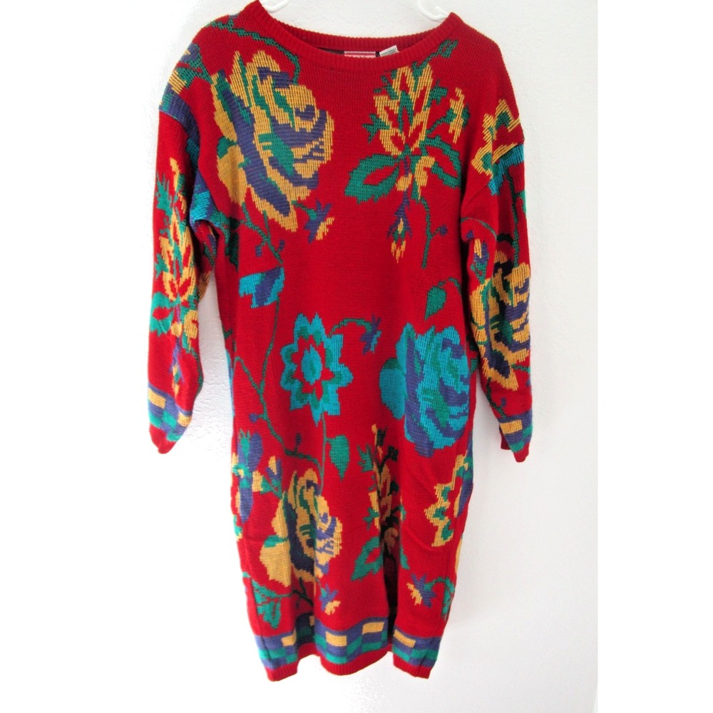 Vintage iVY 1980's Red Colorful Floral Sweater Dress Women's Medium